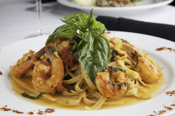 Shrimp and Linguine Fra Diavolo Topped with Fresh Basil 2
