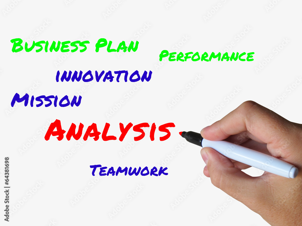 Poster analysis words on whiteboard mean analyzing examining and checki