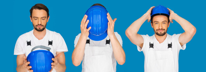 Sequence of three poses of a man donning a hardhat