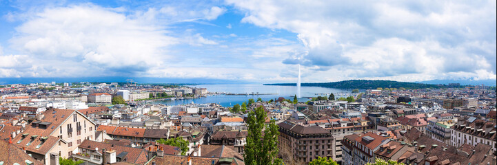 Panoramic view of Geneva water fountain from the Saint-Pierre ca