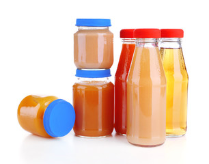 Baby food in glass jars, isolated on white