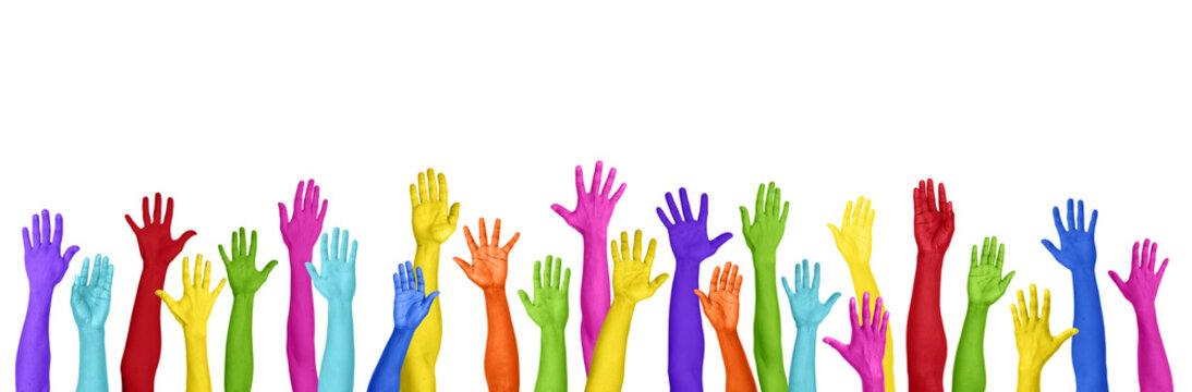 Colorful Hands Raised on White Background