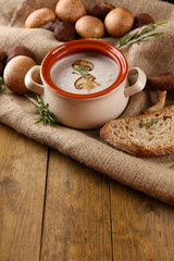 Obraz na płótnie Canvas Mushroom soup in pot, on wooden background