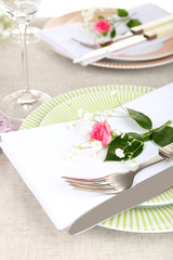 Table setting with spring flowers close up