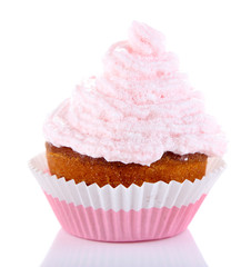 Tasty cup cake with cream, isolated on white