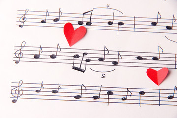 Red paper hearts on music book, close-up