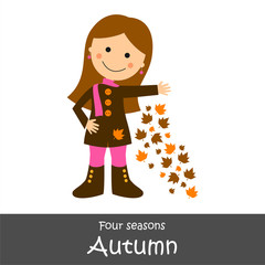 Niña vestida con ropa de abrigo jugando con hojas marrones. Ilustración vectorial de la estación de otoño