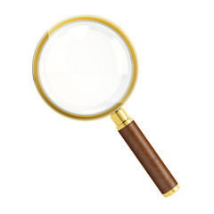 Golden magnifying glass isolated over white background