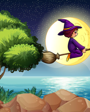 A witch flying with a broom in the middle of the night