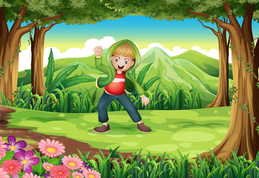 A jungle with a boy dancing