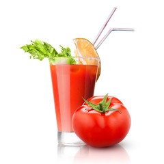 red tomato and glass of juice isolated on white background