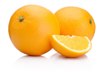 Two Ripe Oranges fruit and slice isolated on white background