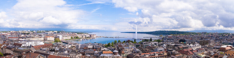 Panoramic view of city of Geneva, the Leman Lake and the Water