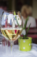Glass of white wine on table in restaurant, spring scenery