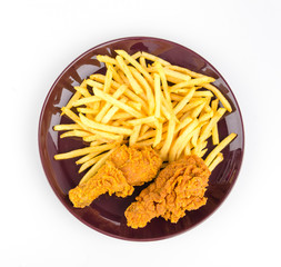 French fries and fried chicken isolated white background
