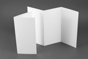 Blank folding page booklet on gray background.