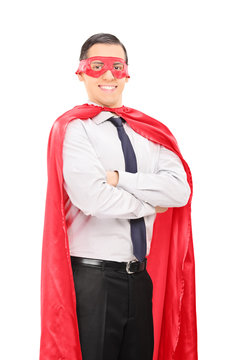 Young man in superhero costume
