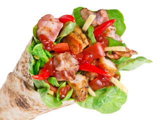 Chicken slices in a Tortilla Wrap over white