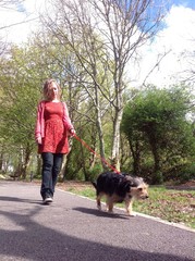 woman walking a cute dog