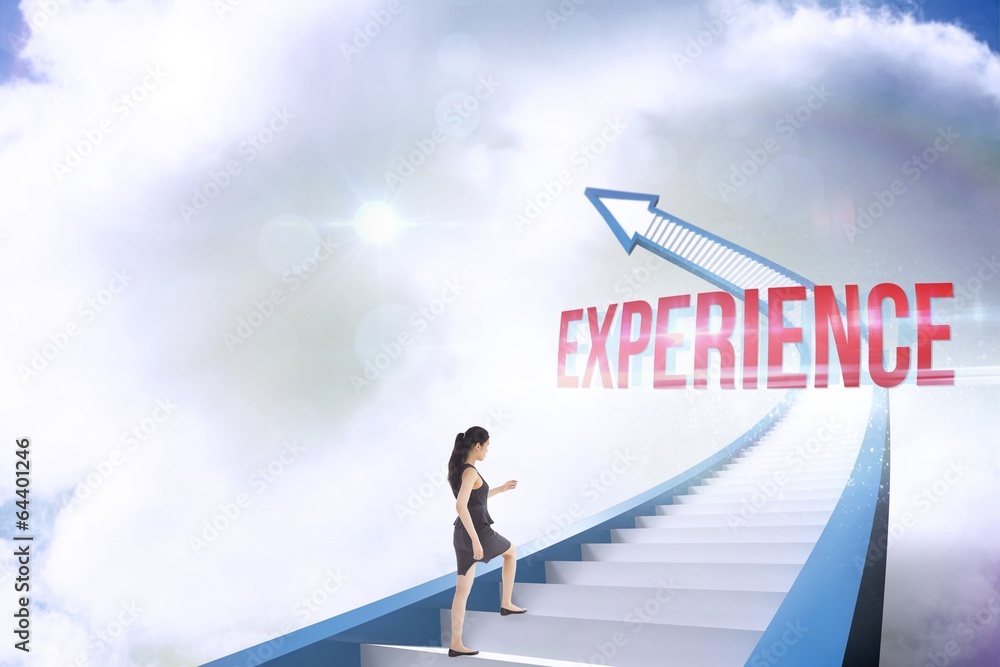 Poster experience against red staircase arrow pointing up against sky