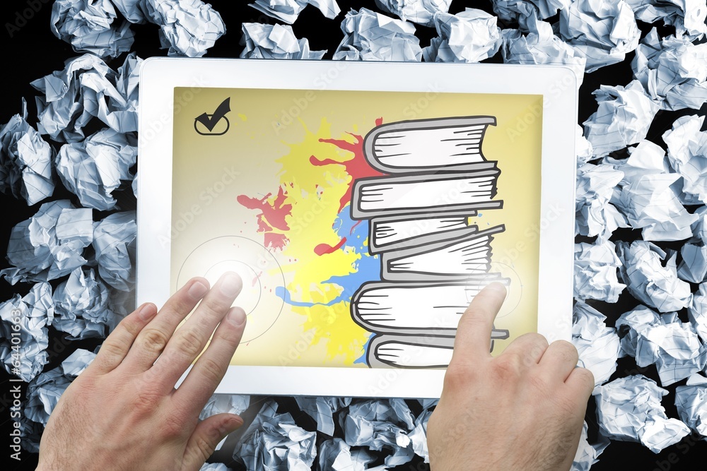 Poster Composite image of hands pointing and presenting on tablet