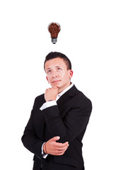 Businessman with coffee bulb over his head