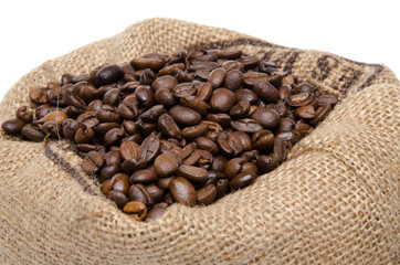 Coffee beans in a burlap bag