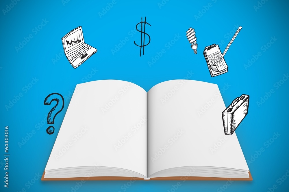 Poster composite image open book under doodles with business icons