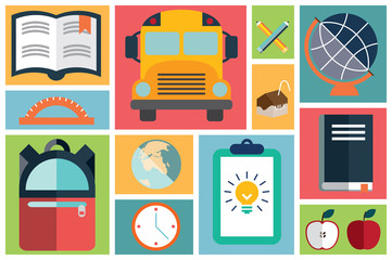 Collection of flat school icons, vector illustration