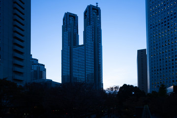 夕暮の新宿高層ビル街