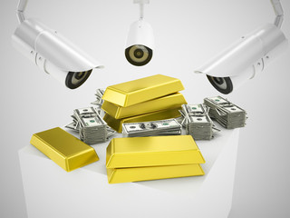 gold bank safe and security cameras concept - 64411292
