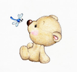 Cute Teddy bear and dragonfly - 64413218