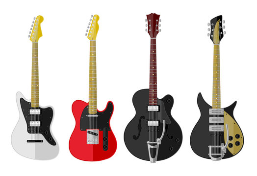 Set of isolated vintage guitars. Flat design