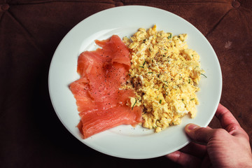Scrambled eggs and salmon