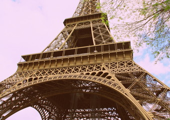 vue sur la tour Eiffel au printemps et végétation style rétro
