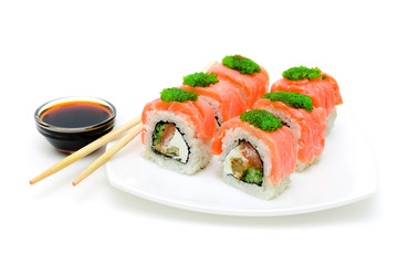 Japanese sushi on a plate on white background
