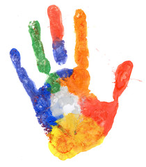Close up of colored hand print on white