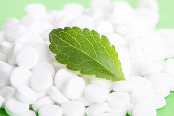 Stevia-Blatt auf Stevia-Dragees