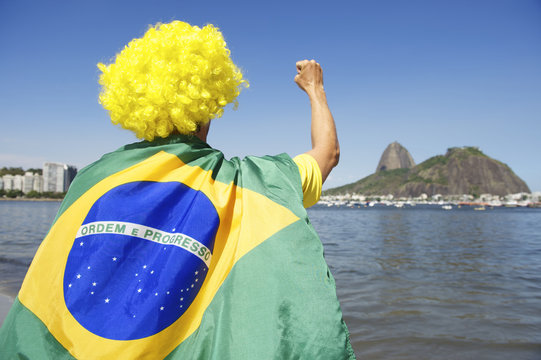Patriotic Brazil Fan Standing Wrapped in Brazilian Flag Rio