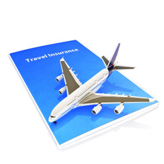Travel Insurance concept with Jet aircraft on  white