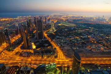 Downtown of Dubai (UAE) in the morning. View from Burj Khalifa - obrazy, fototapety, plakaty