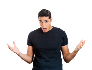 Shocked, surprised young man, isolated on white background 