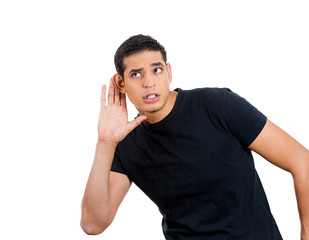Eavesdropping. Nosy business man listening to conversation