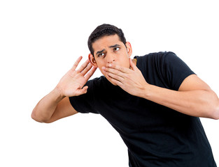 Eavesdropping. Nosy business man listening to conversation
