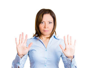 stop hand gesture. upset angry woman asks to stay away