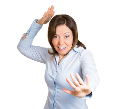 Karate Chop Of Angry Upset Middle Aged Woman On White Background