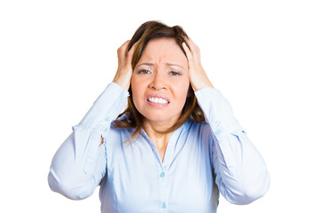 headshot woman having headache isolated on white background 