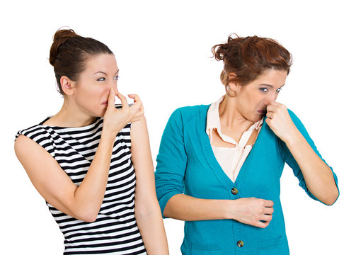 Is it you that stinks? woman looking at female covering nose
