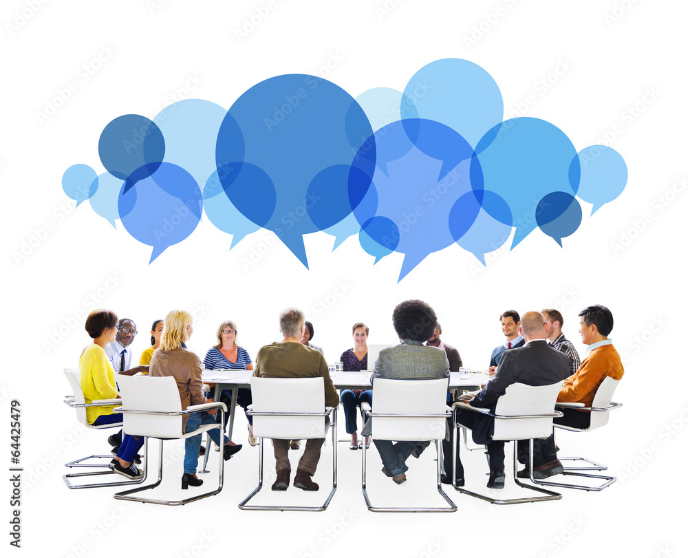 Wall mural diverse people in meeting with speech bubbles - Wall murals