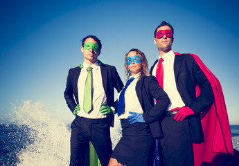 Business superheroes facing storm - obrazy, fototapety, plakaty
